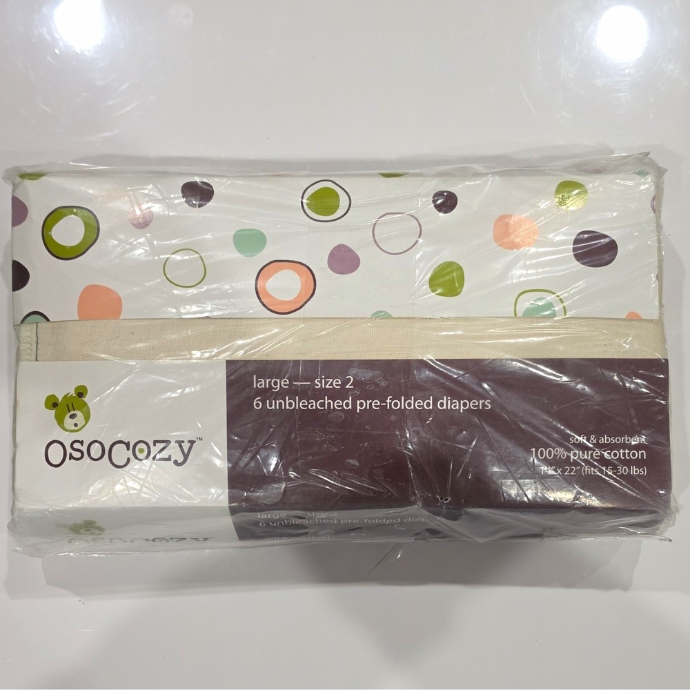 OsoCozy Prefold Cloth Diapers Large Size 2, 6-Pack Unbleached Beige Cotton New
